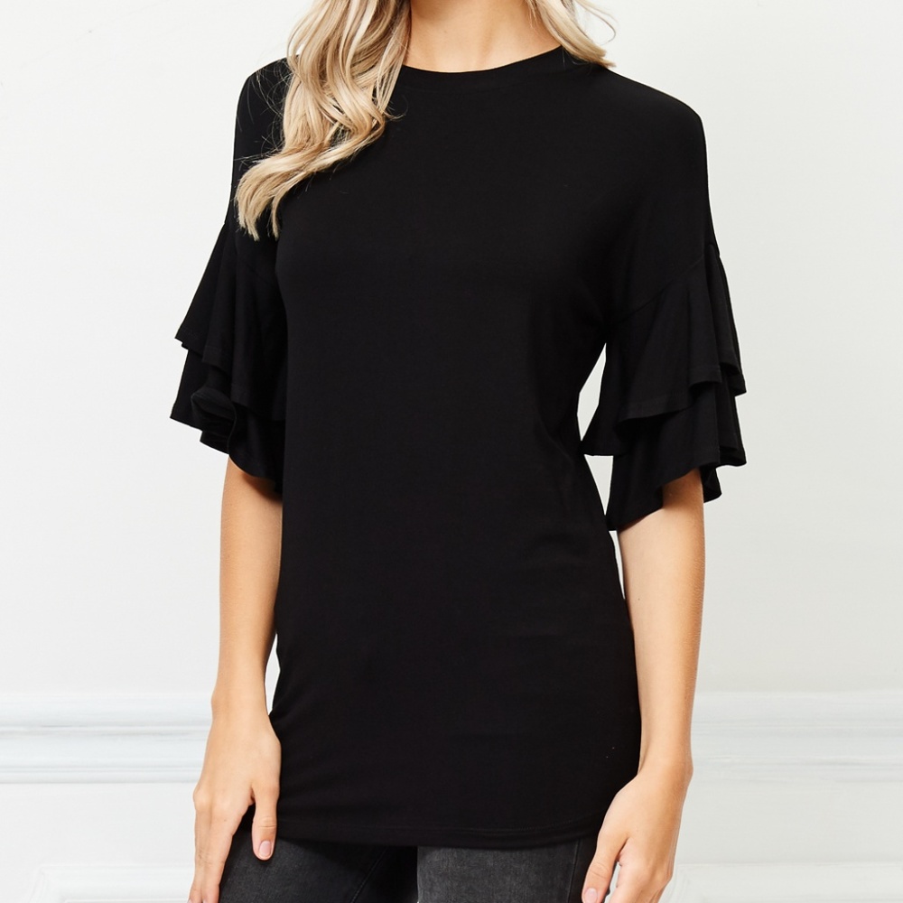 ROUND NECK RUFFLE SLEEVE TOP - Picture 3 of 6